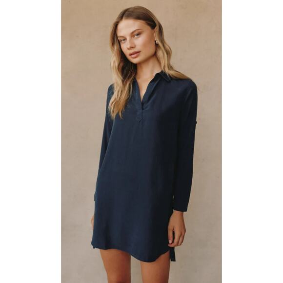 Bella Dahl Womens A-Line Rolled Tab Sleeve Dress in Endless Sea. Size M NWOT - Picture 1 of 9